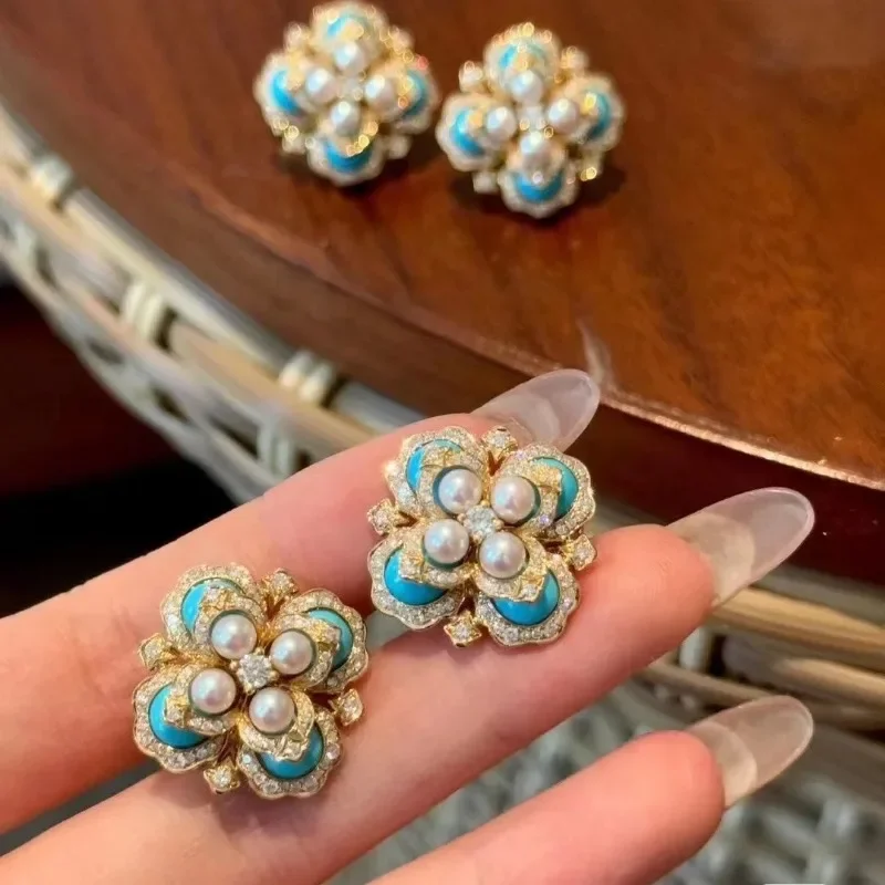 Exquisite Blue Pearl Flower Earings Stud Fine Palace Style High Grade Retro Turquoise Earrings for Women Jewelry
