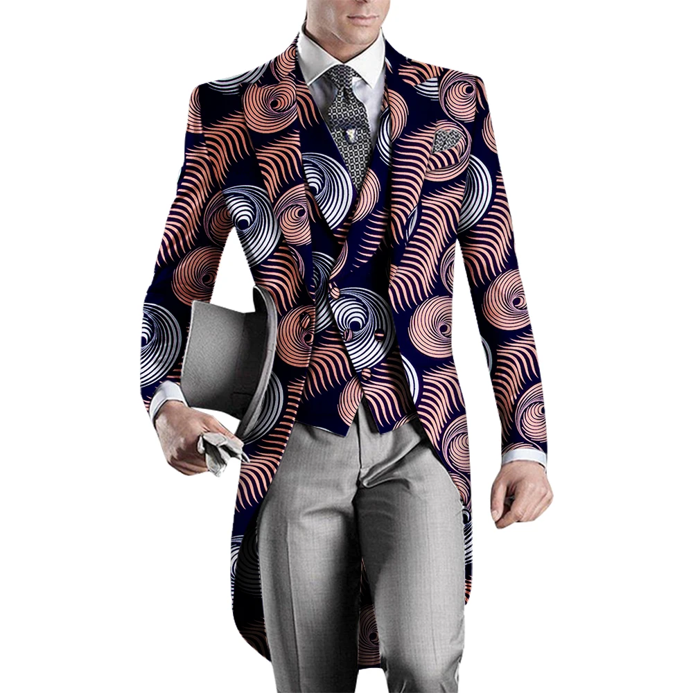 2 Pieces African Clothes for Mens African Printed Long Blazer Jacket and Vest Men Slim Suits Tailcoat Swallowtail Party WYN960