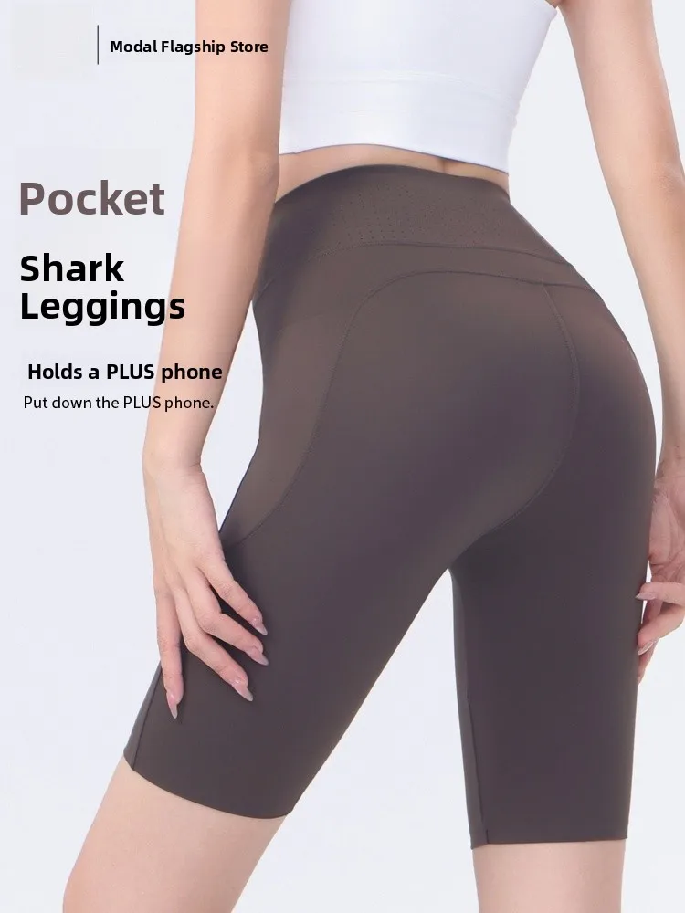 

High Waist Yoga Pants Women's Summer Outdoor Wear Ice Silk Five-Quarter arkskin Pants with kets Butt Lifting Se Pants