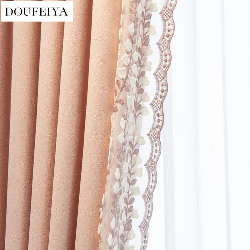 Luxury Pink Girl Princess Style Embroidered Lace Stitching Modern Curtains for Living Room Bedroom Dining Balcony Window Drape