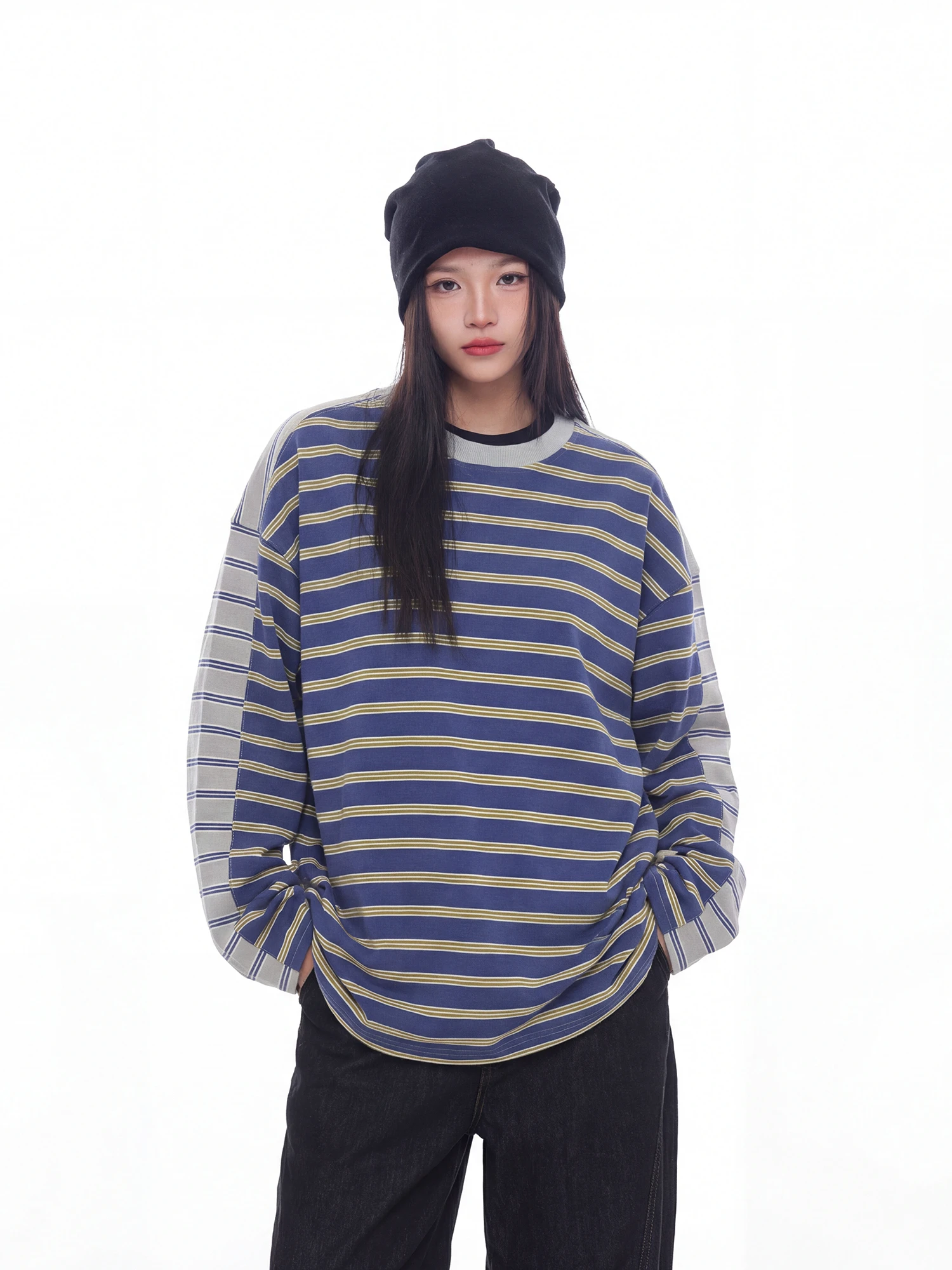 

Retro Striped Long Sleeve T-Shirt Women's Casual Style Spring 2026 New Couple's Lazy Top Color Block Design Cotton Blend