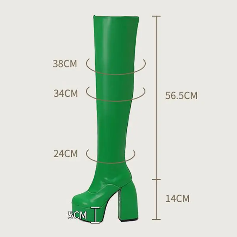 

ORCHALISA 2024 Female Thigh Boots Round Toe Block Heels 14cm Platform Hill 5cm Size 47 48 Fashion Party Stretch Bota