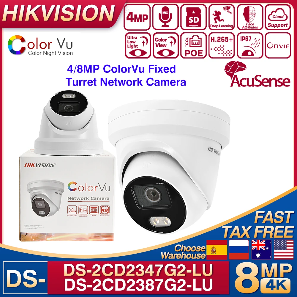 Original Hikvision DS-2CD2347G2-LU ColorVu IP Camera 4/8MP DS-2CD2387G2-LUPOE H.265+ Built-in Mic ColorVu AcuSense Turret Camera