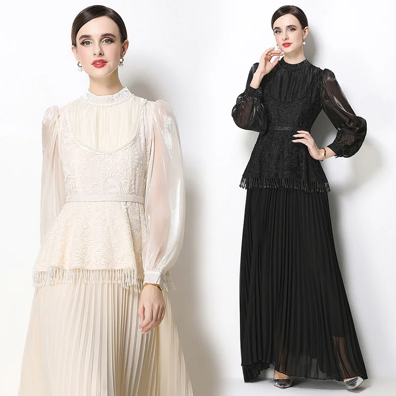 

Elegant Lace Splicing Beaded round Neck Long Dress Women's Waist Cinching Asymmetrical Pleated Skirt Polyester Fiber Long Sleeve