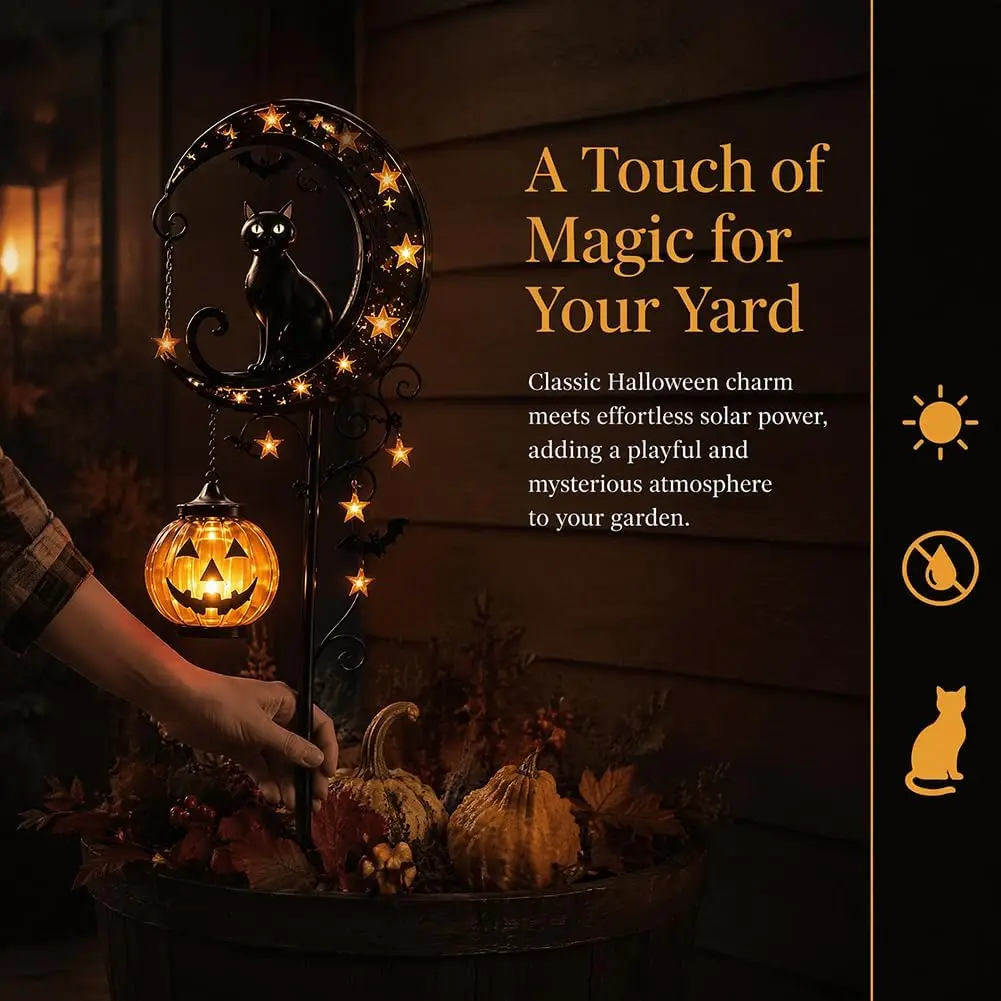 Solar Halloween Black Cat & Pumpkin Moon Garden Stake Light, Solar Garden Decoration, Outdoor Waterproof Metal Pumpkin Stake view 5
