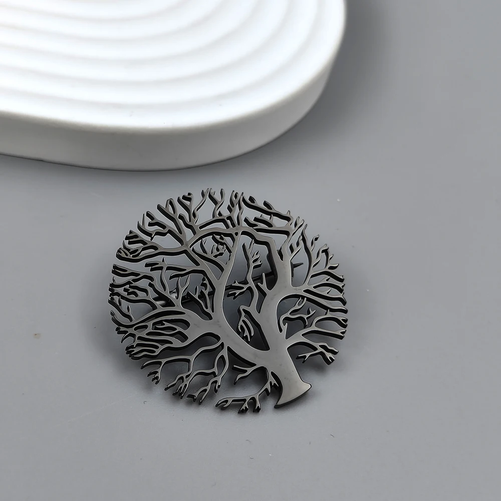 New round tree of life gold-plated stainless steel brooch, men\'s suit pin black, high quality father husband gift set