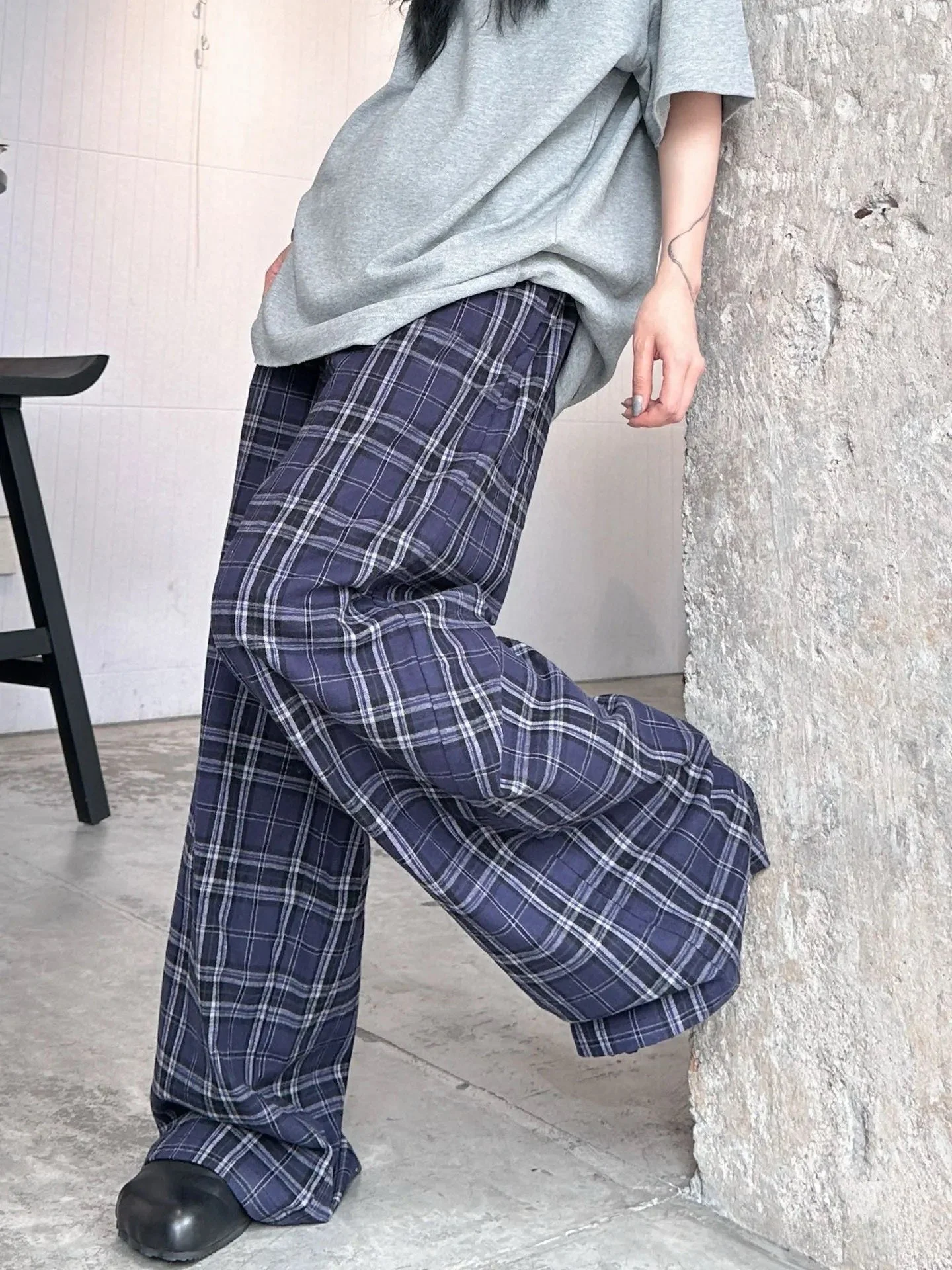 

Adam Plaid Elastic Waist Loose Long Pants ex Casual Navy Blue High Waist Wide Leg Trousers Autumn Season Zipper Closure