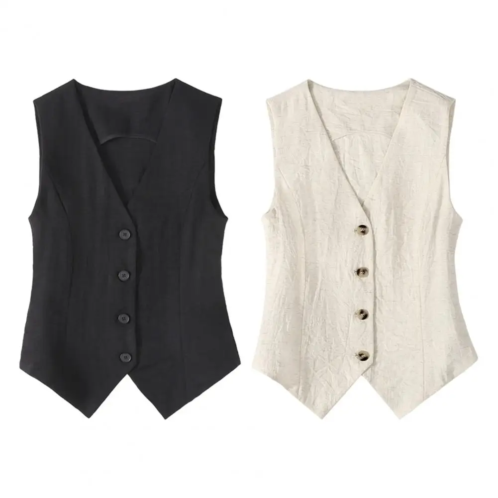 Women's Suit Vest Office Wear Cropped Sleeveless Woman Vest Summer Casual Waistcoat Women Fashion Button Up Beige Vest Top