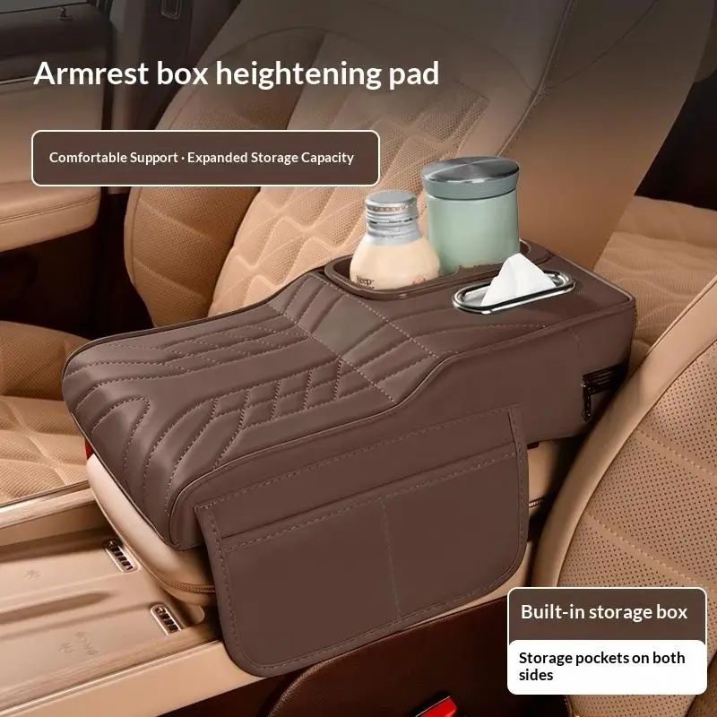 Multi-Function Car Armrest Box- Storage Booster Pad Center Console Tissue Box And Water Cup Holder Vehicle Armrest Cushion Cover