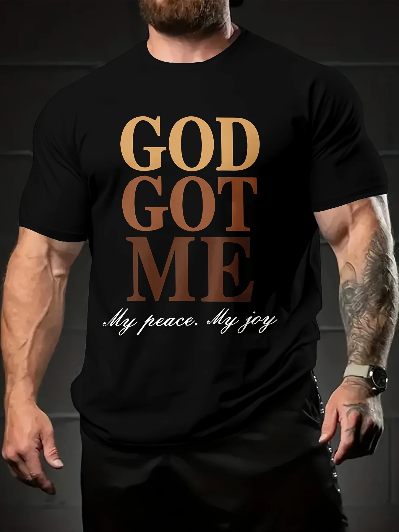 

God Got Me Graphic Letter Print Crew Neck Short Sleeve T-Shirt for Men - Soft Polyester Blend, Relaxed Fit, Casual Summer Wear f