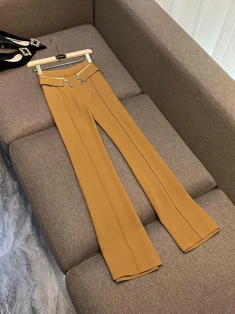 

Ele зимние повседневные длинные брюки кофейного цвета с цепочкой на талии и широкими штанинами, свободные удлиняющие брюки с высокой талией, расклешенные леггинсы