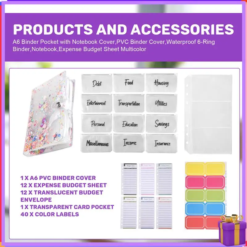 Advanced-A6 Binder Pocket With Notebook Cover,PVC Binder Cover,Waterproof 6-Ring Binder,Notebook,Expense Budget Sheet