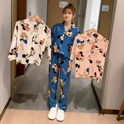 Disney Mickey Ice Silk Pajamas Cartoon Lapel Long Sleeve Casual Loose Cardigan Donald Duck Women's Pajamas Silk Loungewear