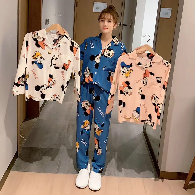 Disney Mickey Ice Silk Pajamas Cartoon Lapel Long Sleeve Casual Loose Cardigan Donald Duck Women's Pajamas Silk Loungewear