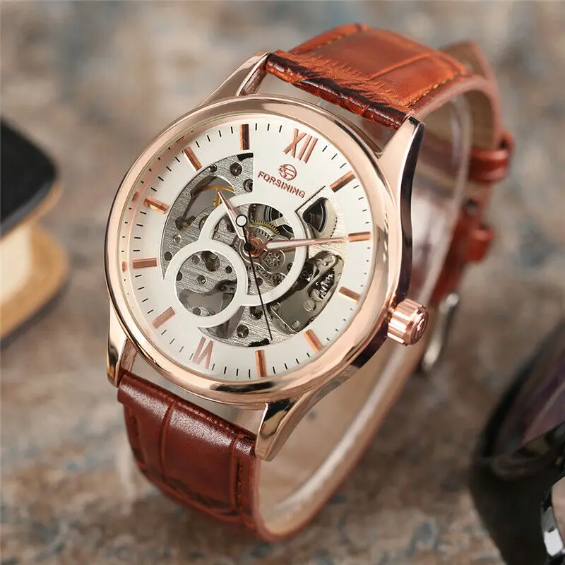 Forsining Mens Watch Hollow Hand-winding Mechanical Skeleton White Dial Roman Number Wristwatch Brown Leather Strap