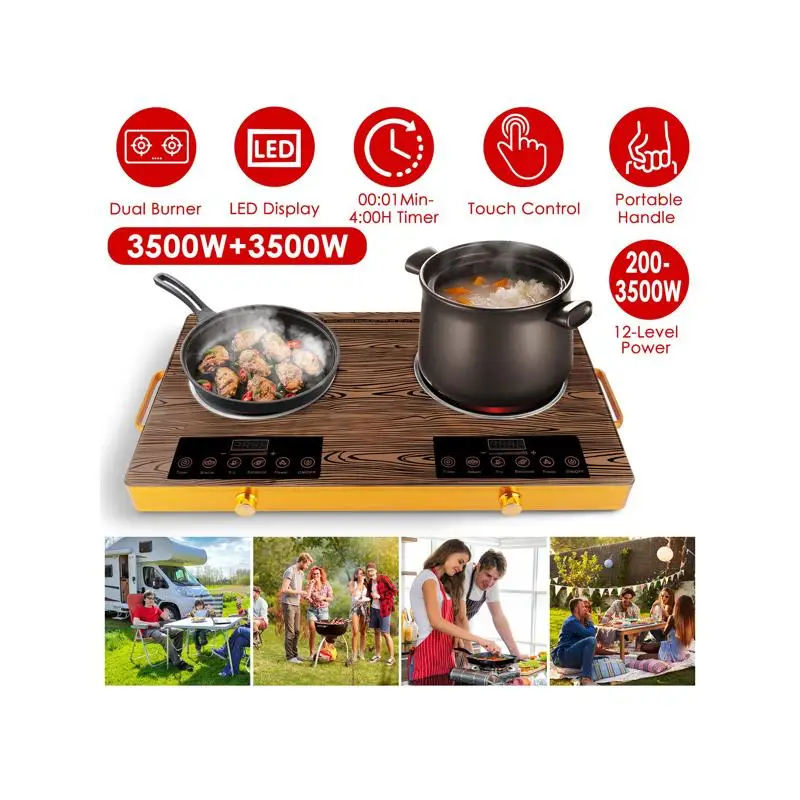 

Электрическая варочная панель с двойной конфоркой, 7000 Вт, 110 В, 2x3500 Вт, плита с быстрым нагревом, 4 предустановленных режима (пара, жарка, барбекю, мощность), 11 уровней