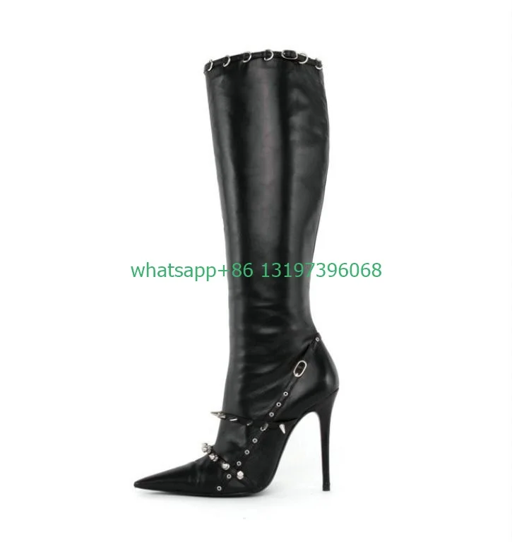 Lady black PU spiked metal Gothic style knee boots footwear size 35-46 pointed teo daily office lady new arrive sexy dance boots