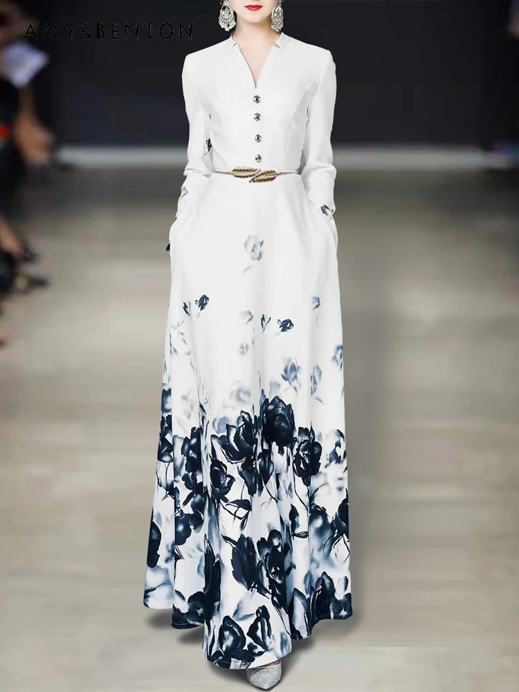 

French Elegance V-neck Mid-Length Dress Spring and Autumn New High-Grade Retro Printed Slim Dress for Women Office Lady Dresses