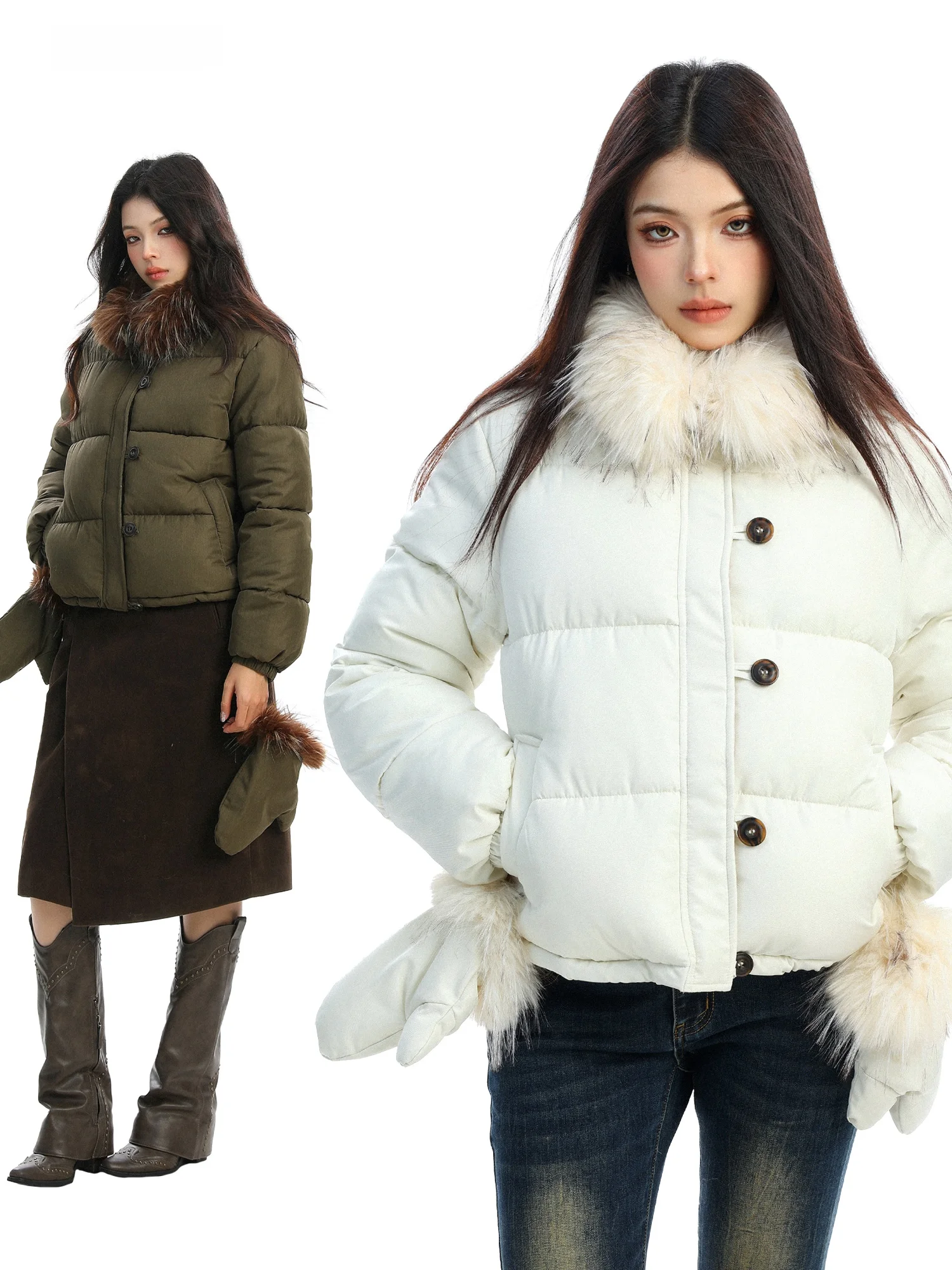 

Утепленная зимняя куртка с отстегивающимся меховым воротником, короткая, в корейском стиле, с теплой хлопковой подкладкой, женская