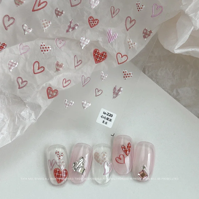 Cute Jelly Like Nail Stickers Pink Blue Green Spring Fresh Nail Art Irregular Heart Checkerboard Self Adhesive Nail Accessories