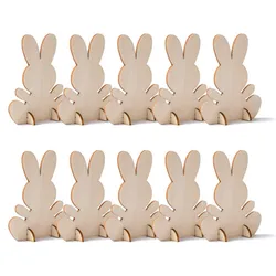 10pcs Unfinished Wooden Easter Bunny 3D Rabbit Wooden Stand Ornament Cutouts Craft for DIY Painting Table Decoration Easter