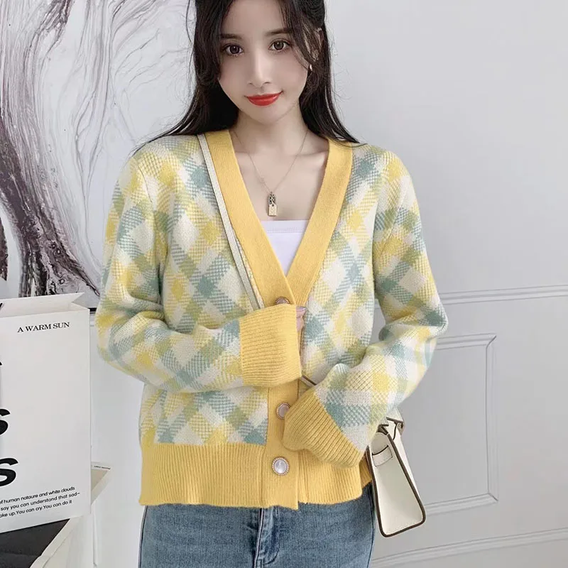 Zoki Women V Neck Sweet Cardigan Fall Loose Patchwork Long Sleeve Knitted Coats Vintage Casual Korean Female Elegant Cardigan