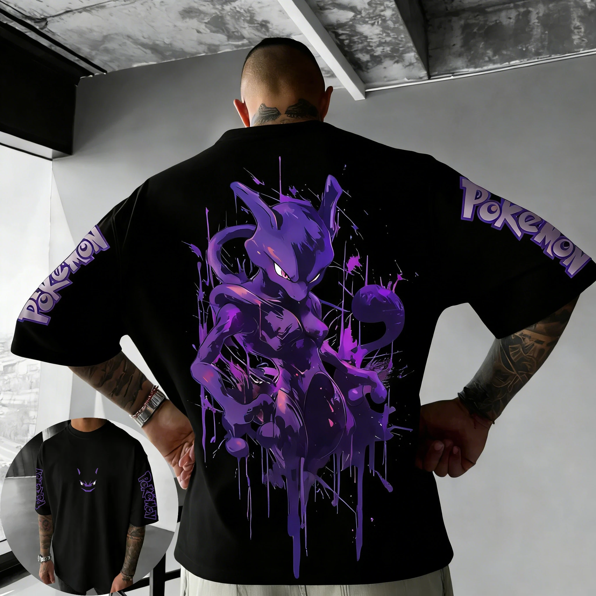 Pokémon Super Dream Graffiti Cool Retro T-shirt Splashing Ink Design Summer Men and Women Short-sleeved Parent-child Y2k Top
