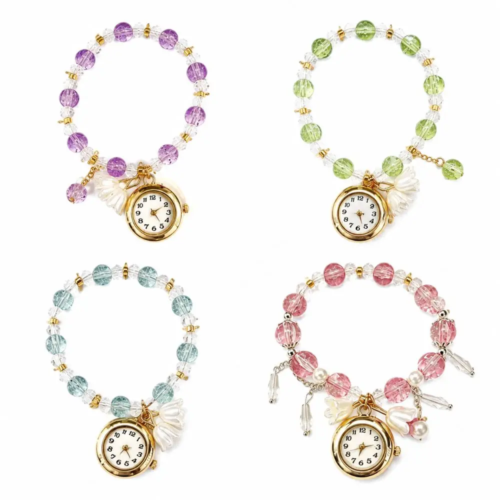 Fashion Beaded Bracelet Watch with Flower Pendant Handmade Chain Watch Quartz Watch for Women Girls