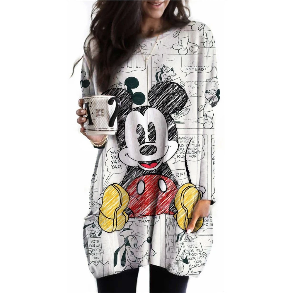 New Large Women\'s Long Sleeve Pocket Round Neck Waist Top T-shirt Disney Mickey Mouse Loose Casual Fashion Loose Women\'s Shirt