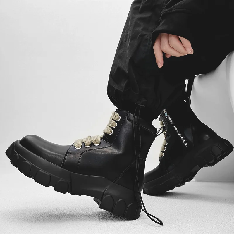 Thick Soled Men Boots Fashion Street Style Lace Up Modern Boots Platform Breathable Male Leather Short Motorcycle Boots Black image 3