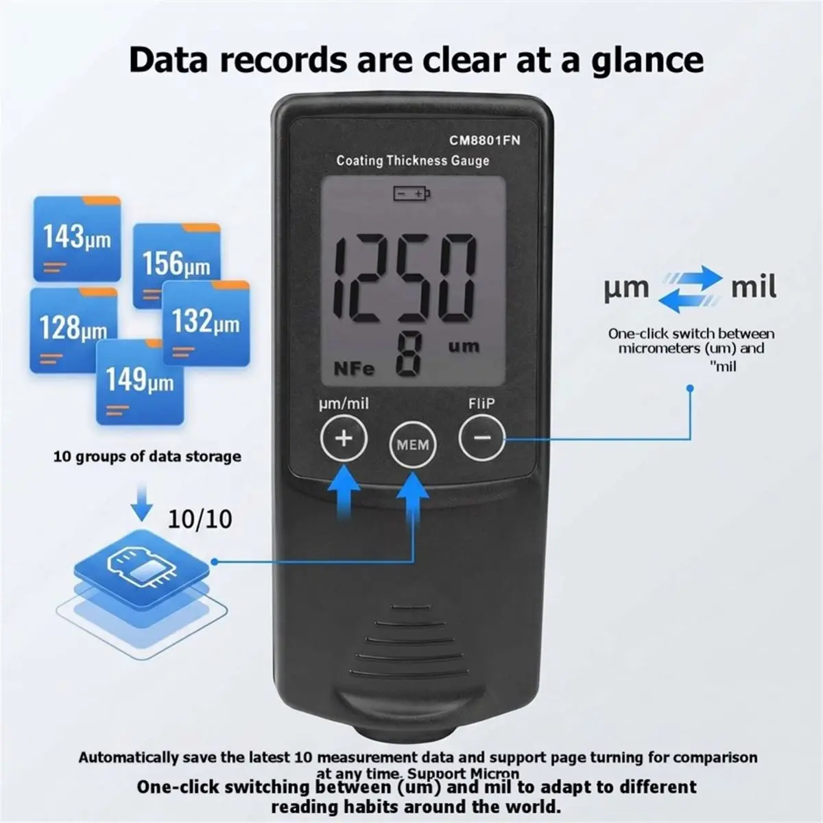 CM8801FN Car Paint Thickness Tester Auto Film Coating Thickness Gauge Meter Handheld Digital Coating Thickness Gauge