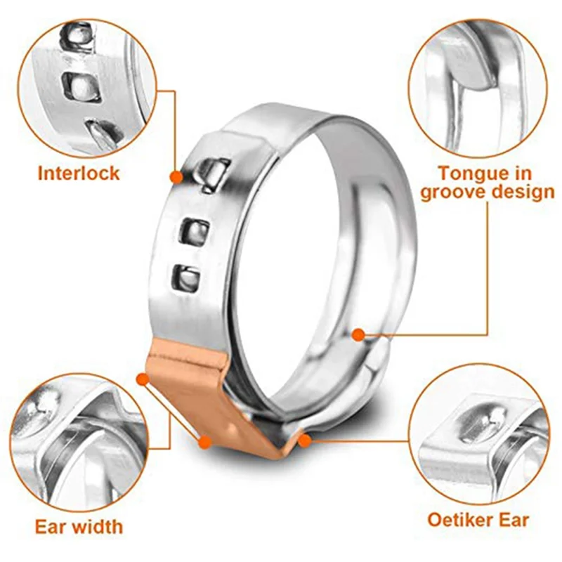 131PCS Single Ear Hose Clamps, Stainless Steel PEX Clamps, Stepless Clamps For Pipe Fittings, Compression Ring Clamps