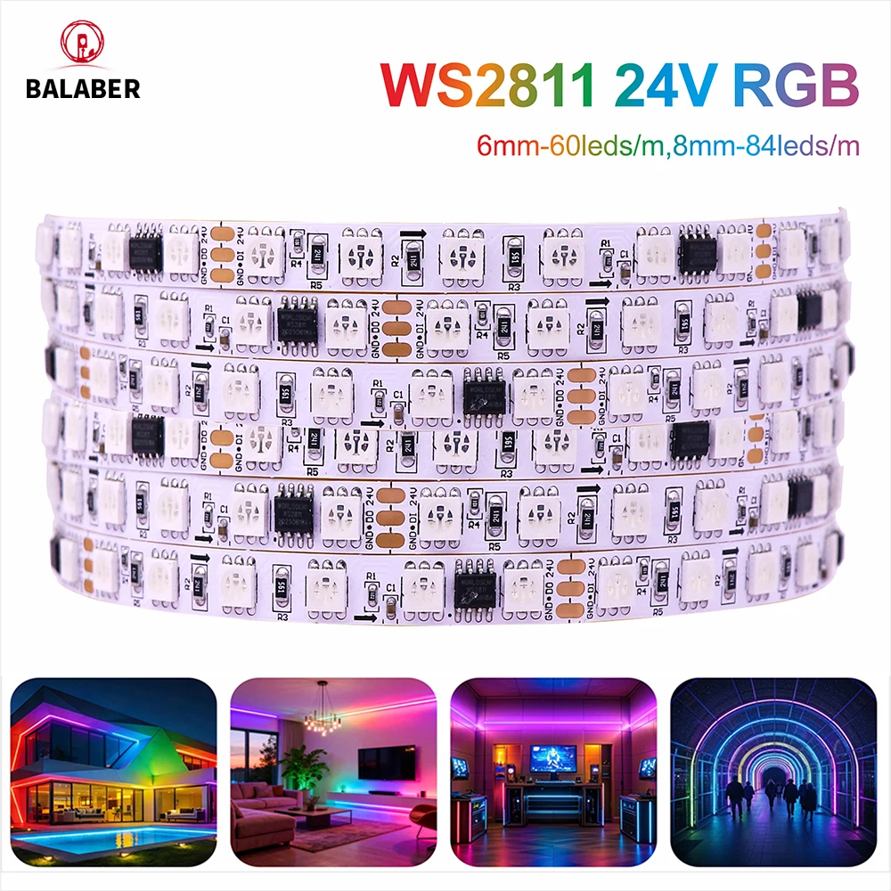 

6mm/8mm 24V WS2811 RGB Dream Color LED Strip 60/84 LEDs/m Waterproof Flexible LED Light Strip with 3M Backing for Home Bar 2811