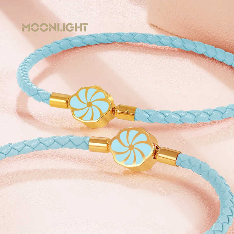 MOONLIGHT Genuine Braided Leather Bracelet for Woman Pink Flowers Charm Wristband Bracelet Fashion Accessories Girl Gifts