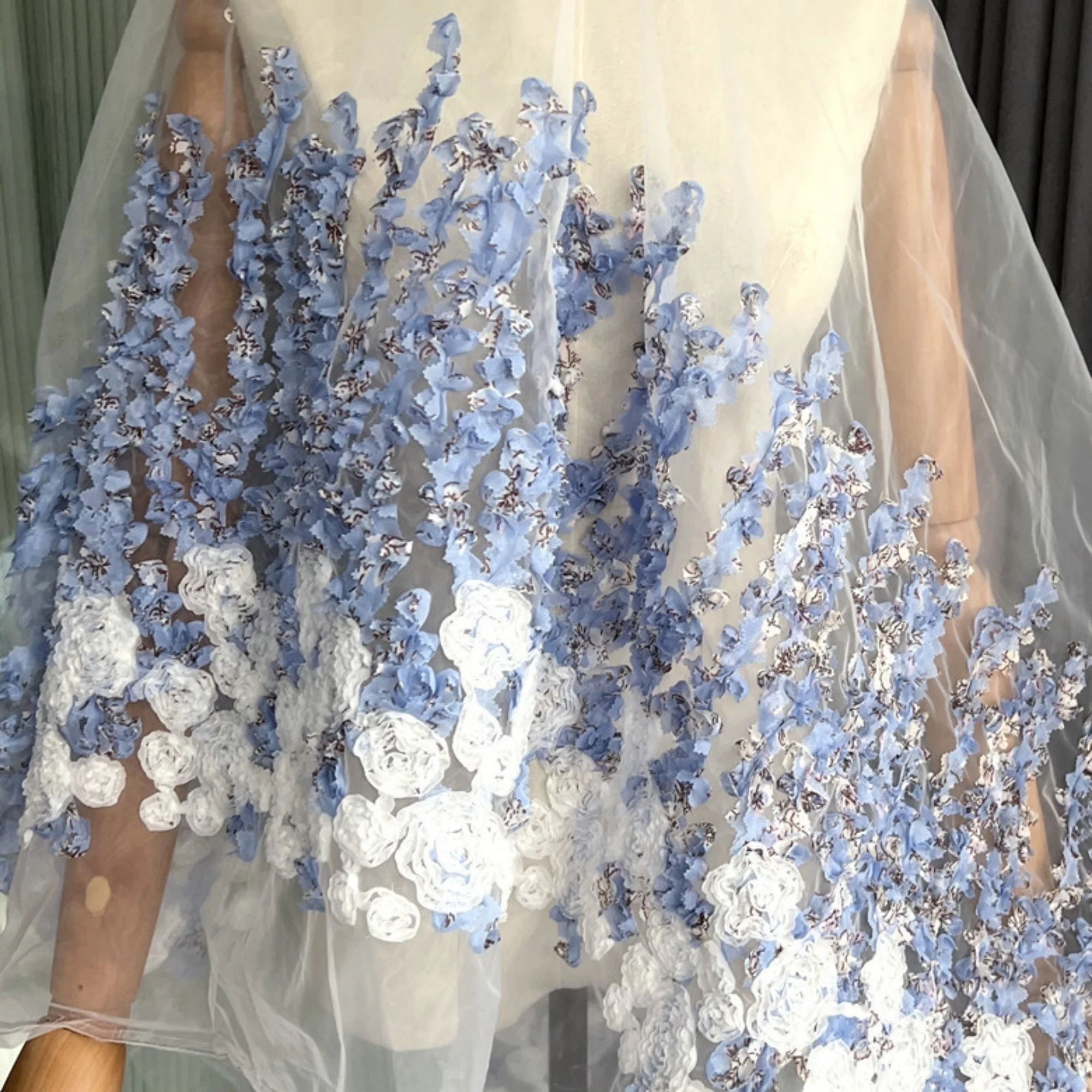 1Meter Blue White Double-Sided Gradient Organza Fabric with Three-Dimensional Flowers for DIY Handmade Clothing Skirt Evening Go