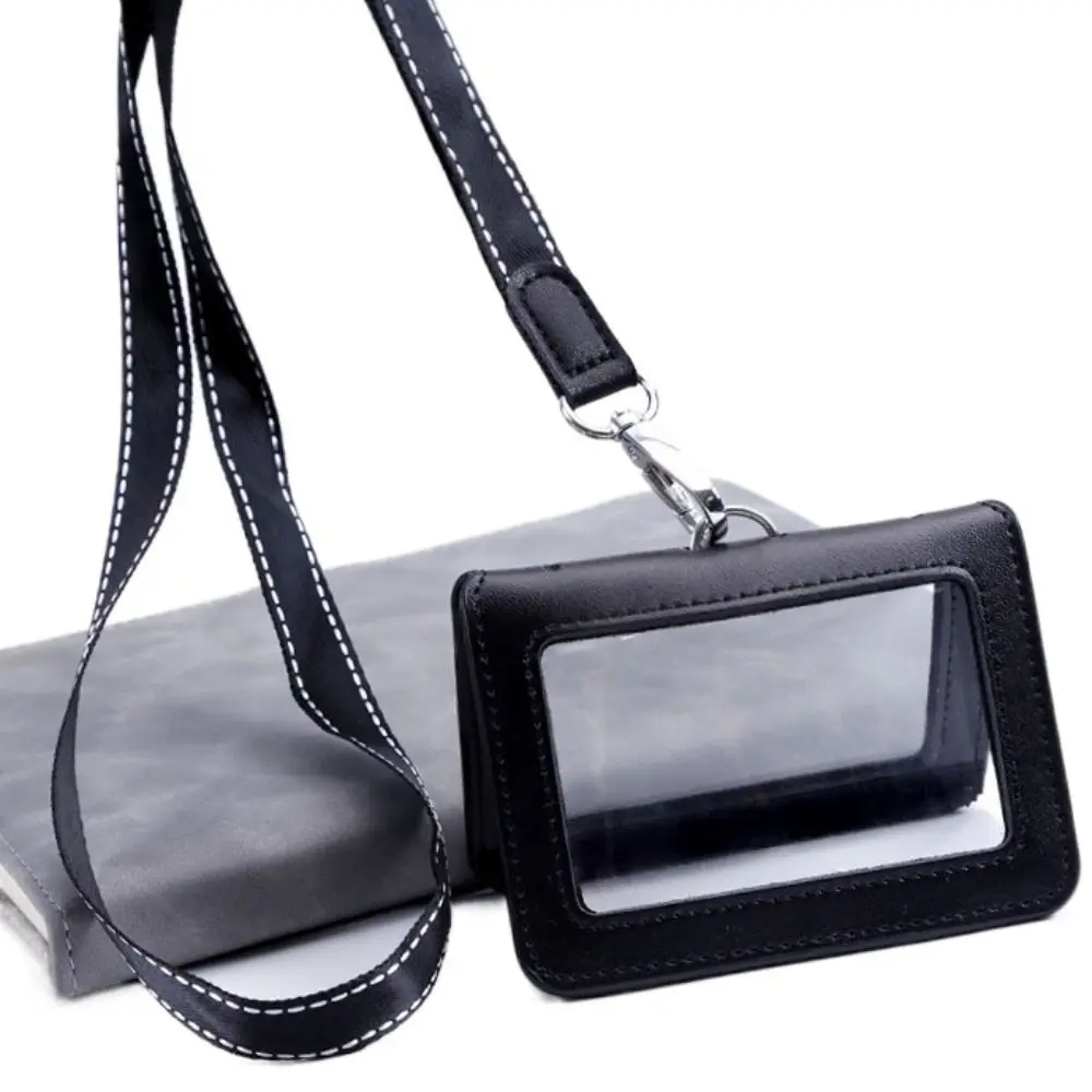 

Double-Sided Leather Card Cover Badge Clip With Neck Strap ID Card Holder Folding Clear Leather Badge Holder Staff Supplies