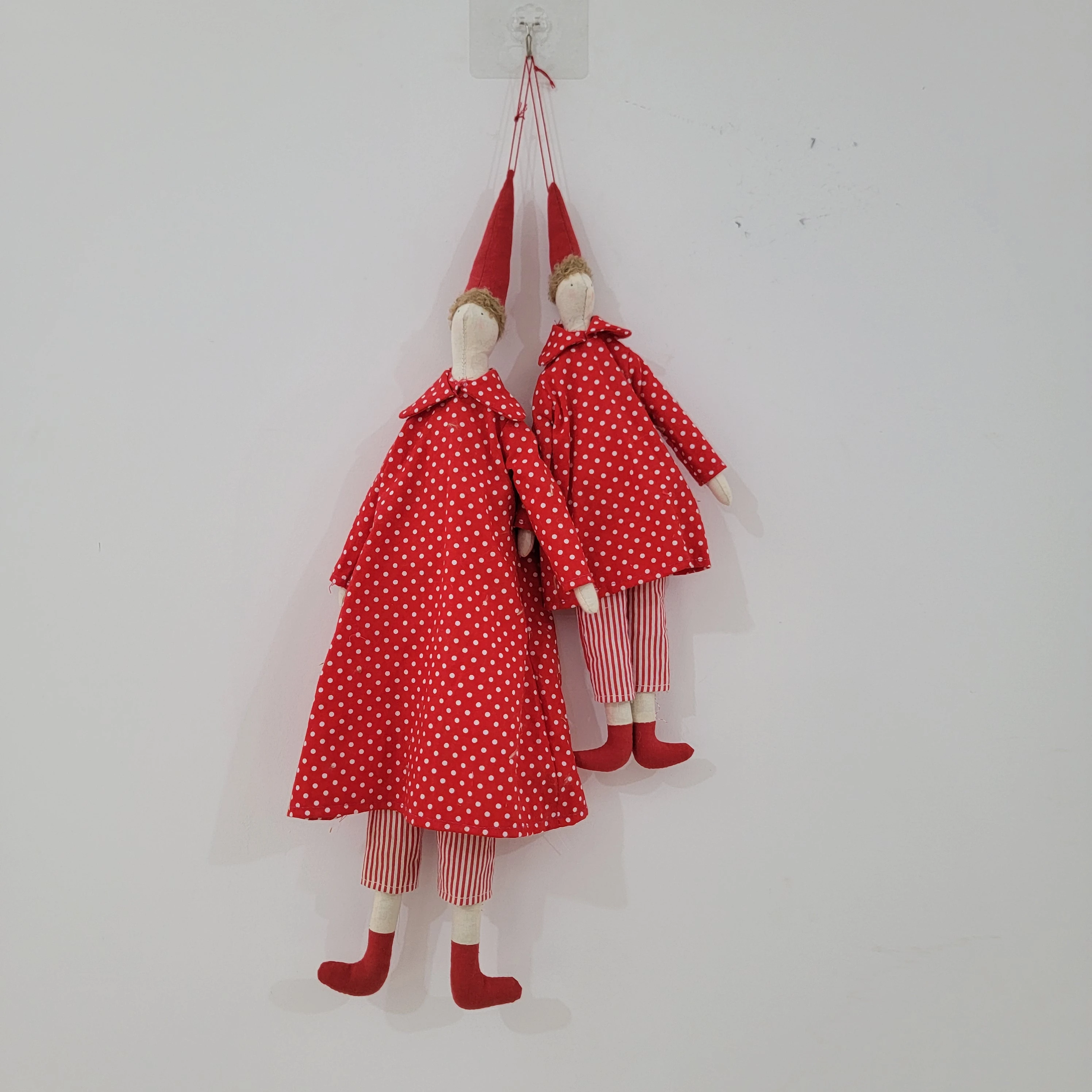 

Handmade Whimsical Cloth Doll - Red Polka Dot Dress with Striped Pants, Pointed Hat Hanging Decor for Home & Festive Accents