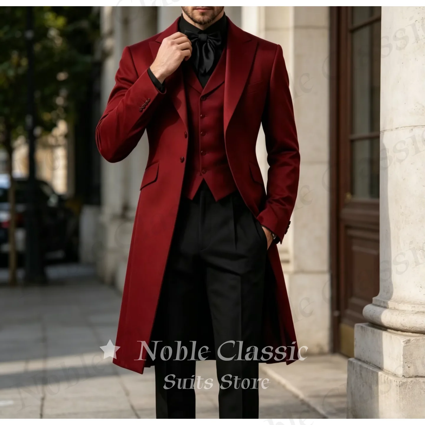 Wine Red Long Overcoat 3 Piece Men Suit Matching Vest Black Pants Formal Wedding Evening Red Carpet Custom Tuxedo Set Customized