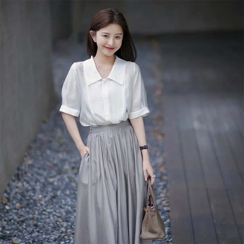 ใหม่ Elegant ฤดูร้อนกระโปรงผู้หญิงแฟชั่นเอวสูงสีทึบ Draped A-Line Midi กระโปรง Casual หลวม Flared Swing Jupe
