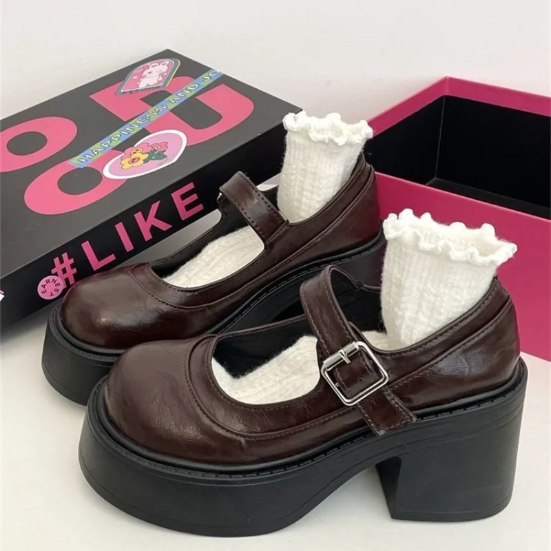 Shoes on heels Women shoes platform shoes Women's Vintage College Style Lolita shoes Girls black High Heel shoes