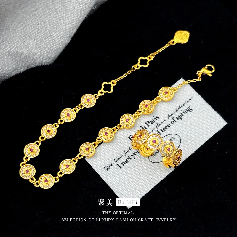 

Легкий роскошный дизайн 9999, точечный бриллиант, рубин, семья Джуна, одинаковый стиль, монета богатства, маленький круглый торт, браслет из настоящего золота 24 карата, кольцо