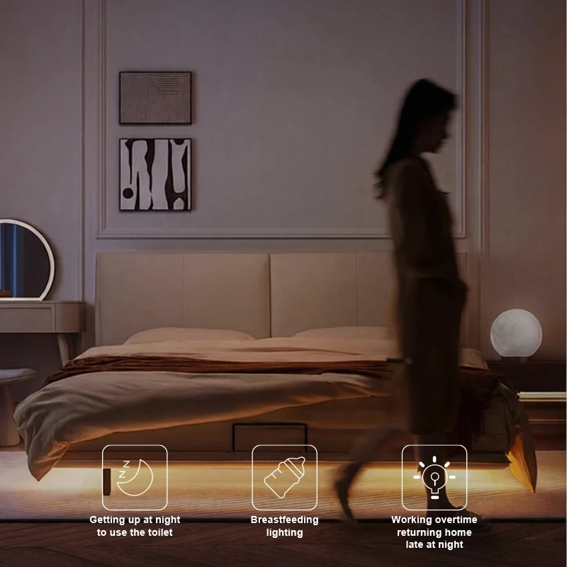 Low-voltage 5V, sensor night light, 8MM flexible, no light spots, non-glaring sensor floating bed night light, human body sensor switch LED light strip, night mode/day mode/constant light mode, adjustable light brightn