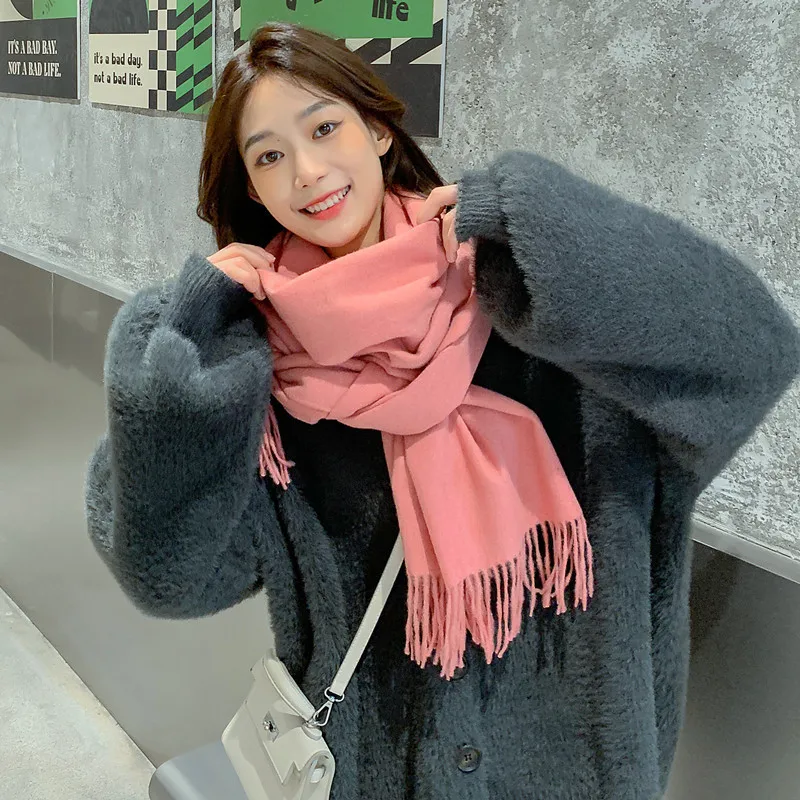 

New Cashmere Solid Color Scarf 200x70cm Women's Winter Versatile Fashion Tassel Shawl Hijab Men's Warm Fringe Hair Wrap