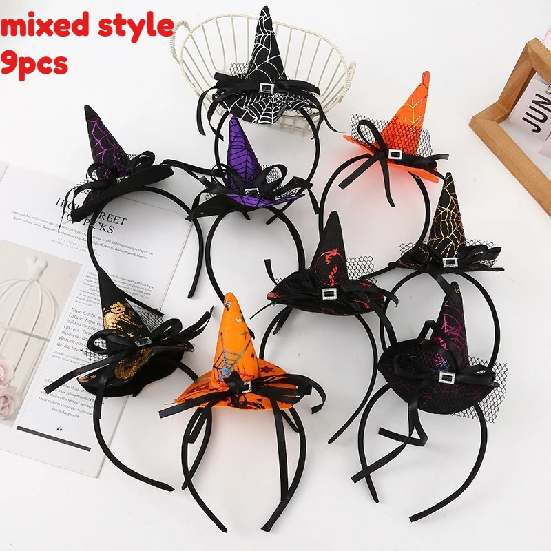 9pcs/1pc Halloween-Themed Diamond-Tipped Witch Hat Headband with Black Dot Mesh Striped Ribbon Bow for Party And Performances