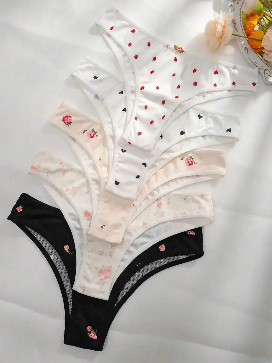 

Cute Floral And Strawberry Print Womens Briefs With Appliques Medium Stretch Knit Panties