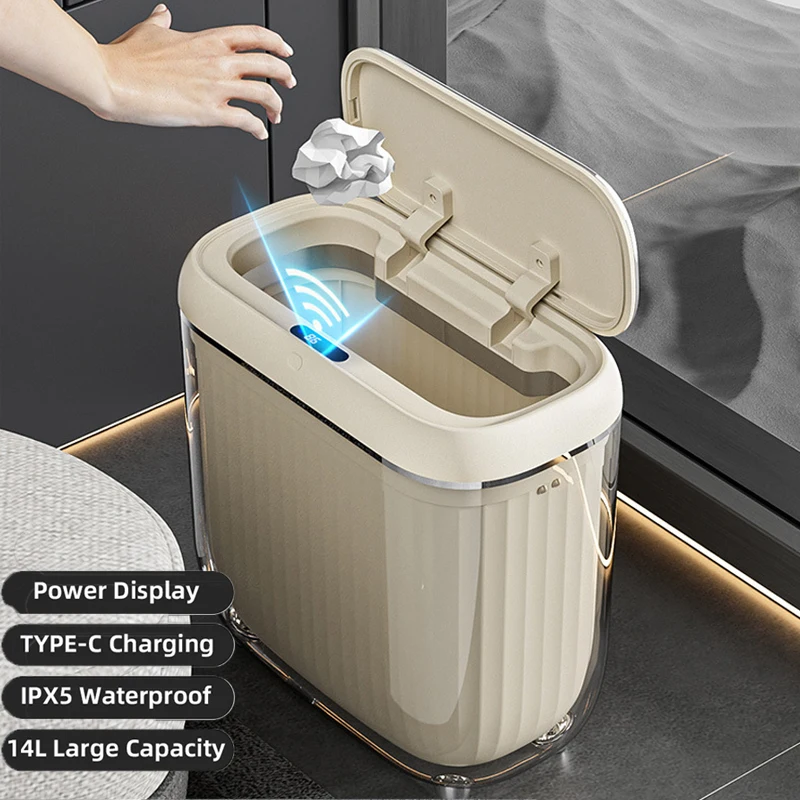 14L Smart Sensor Trash Can Electronic Automatic Bathroom Toilet Wastebasket Waterproof Narrow Storage Bucket Home Trash Bin