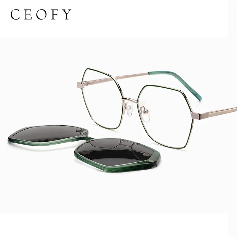 Ceofy Women Glasses Frame Optical Prescription Myopia Polygon Sun Clip Polarized Sunglasses Fashion Eyeglasses Frame For Women