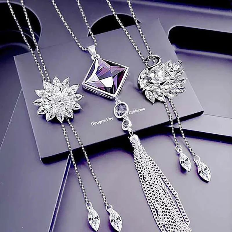 Fashion Swan Snowflake Long Necklace Sweater Chain Metal Chain Square Tassel Women Girls Pendant Necklaces Accessories Jewelry