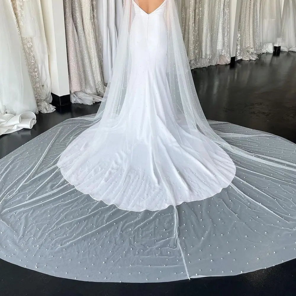 TOPQUEEN V09 Wedding Veil with Pearls 5 Meter Long Bridal Veils Beaded Cathedral Length 3M wide Dramatic Single Tier Pearl Veil