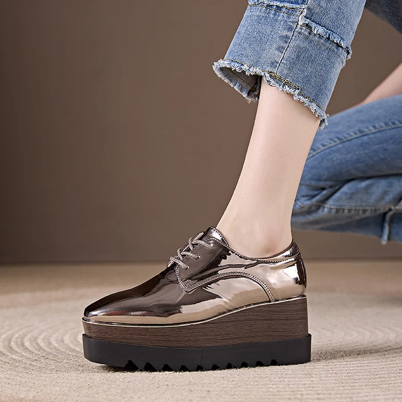 Shoes Woman 2025 Square Toe Oxfords Female Footwear Patent Leather Ballet Flats British Style Clogs Platform New Cross Dress Sum